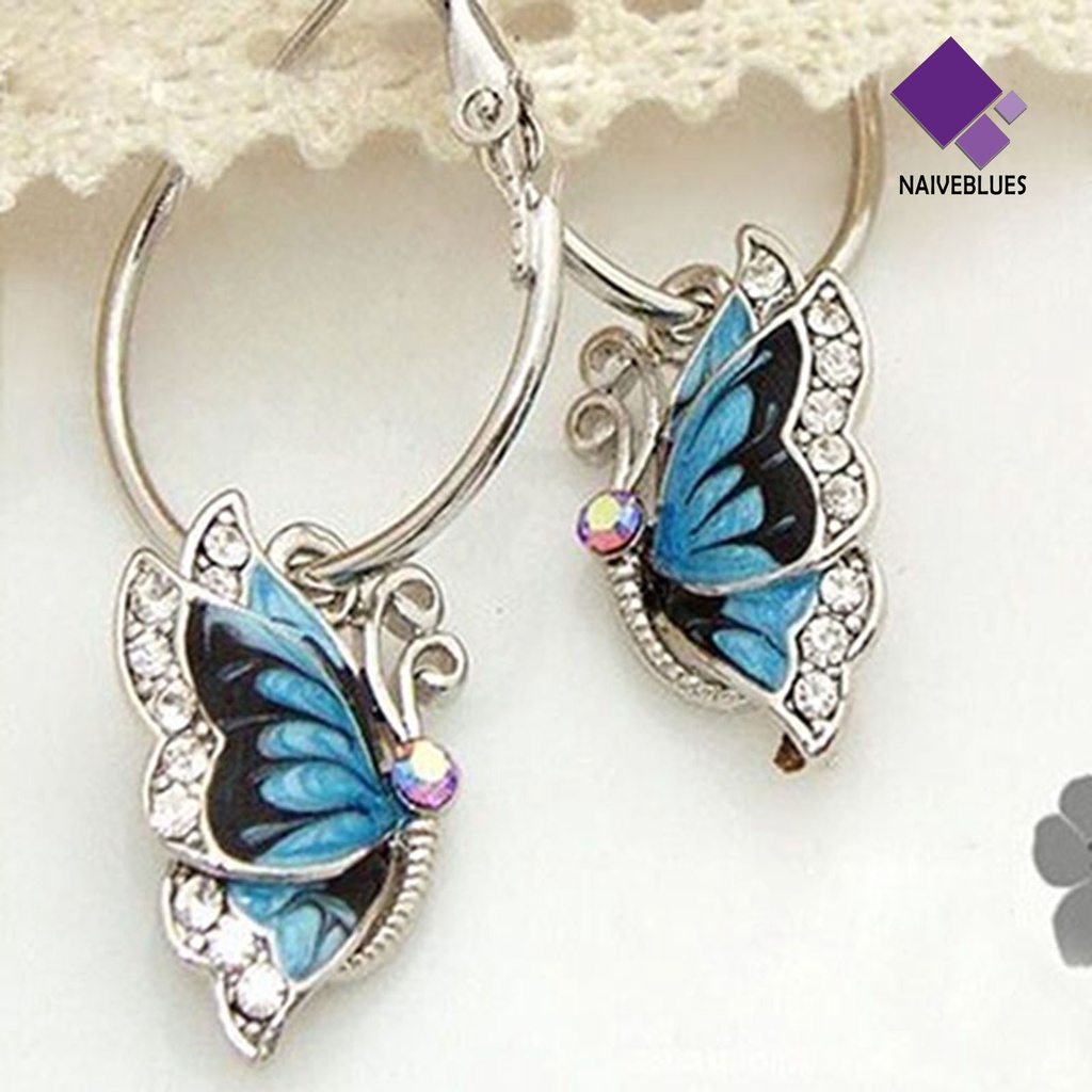 1 Pasang Anting Hoop Menjuntai Aksen Kristal Berlian Imitasi Warna Biru Untuk Wanita