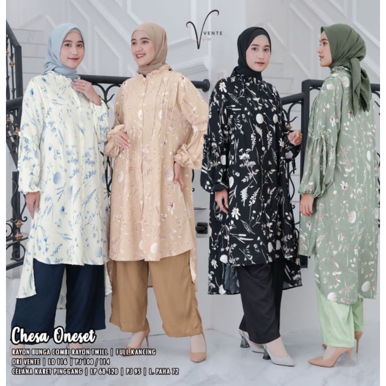 CHESA ONESET  // SETELAN BAJU WANITA JUMBO // RAYON BUNGA COMBI TWILL LD 116 // LONG TUNIK KANCING A