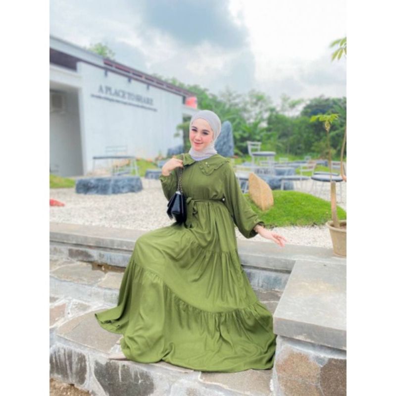 GAMIS NOORA JUMBO RAYON SUPER POLOS REMPEL SUSUN wanita remaja polos-NOORA Hijau pupus