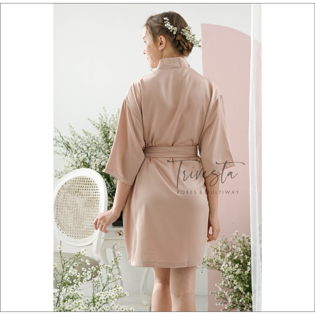 Trivesta Robes - Basic Robe Nude - Kimono Robe Bridesmaid Satin + Free Bordir (Tulisan Bebas Bisa Nama)