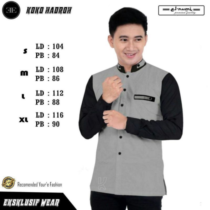 BAJU KOKO PRIA DEWASA LENGAN PANJANG MOTIF SCODER ELRUMI BAJU KOKO DEWASA EL RUMI KEMKO TAQWA HADROH LAKI LAKI PUTIH ABU POLOS KOMBINASI-Abu