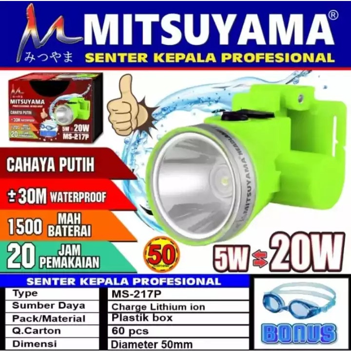 Promo Terbaru!!! Senter Kepala Mitsuyama MS-217p 20Watt High Power Headlamp Rechargeable Water Resistant 30 Meter Bonus Kacamata Selam