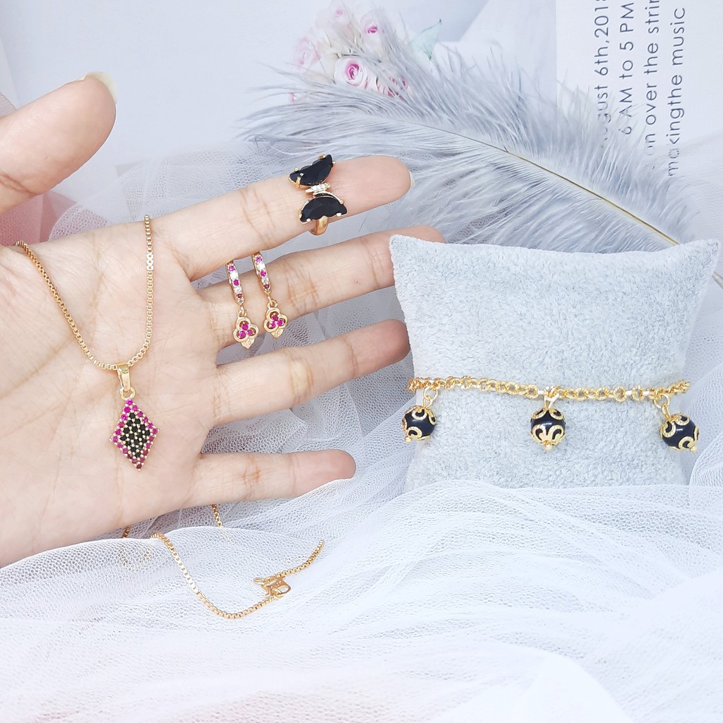 Xuping Set Perhiasan Kalung Anting Gelang Cincin Batu Ungu Hitam Rhodium Lapis Emas - BS039