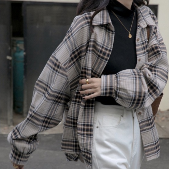 Kemeja kotak-kotak wanita Korea oversize lengan panjang retro kasual blouse