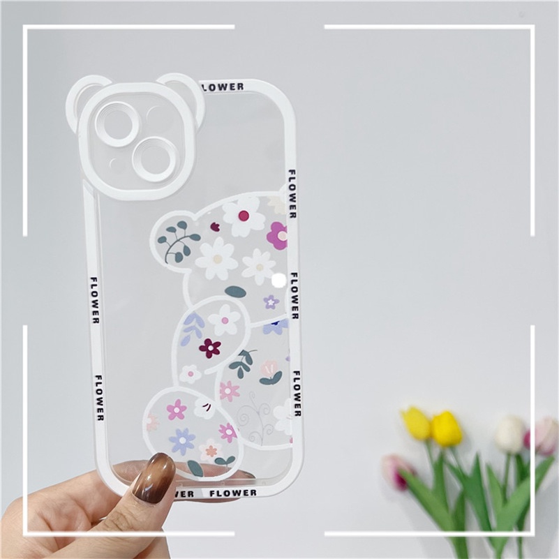 Soft Case Silikon TPU Transparan Motif Bunga Beruang Untuk case hp Compatible for iPhone 14 13 12 11 Pro Max X Xr Xs Max SE 2020 8 7 6 6s Plus Clear Floral Bear Phone Case Silicone Soft TPU handphone murah casing cover Lens Protector Shockproof Back Cover