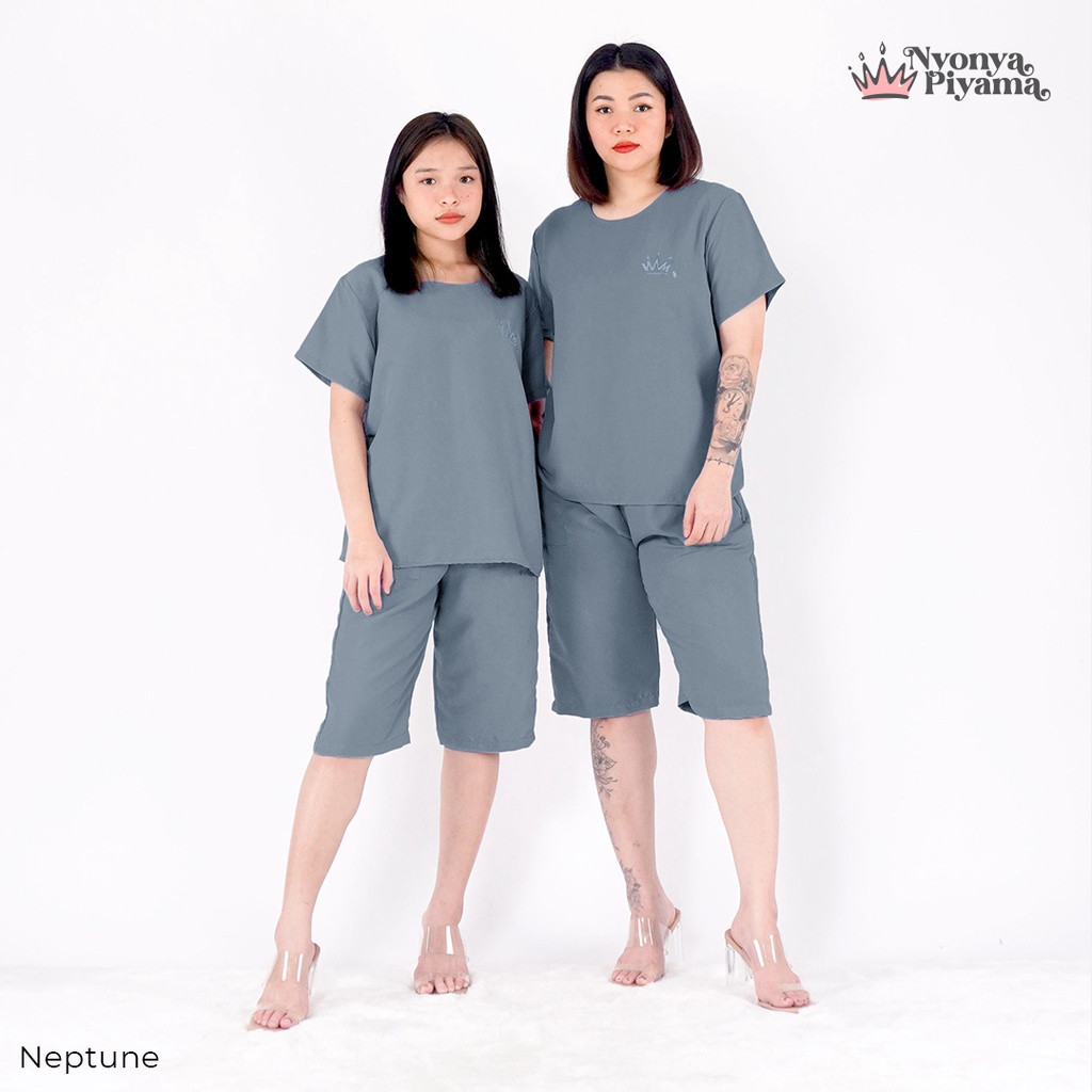 Nyonya Piyama Poly Bamboo Set Piyama Celana Pendek (Oblong Polos)-Neptune