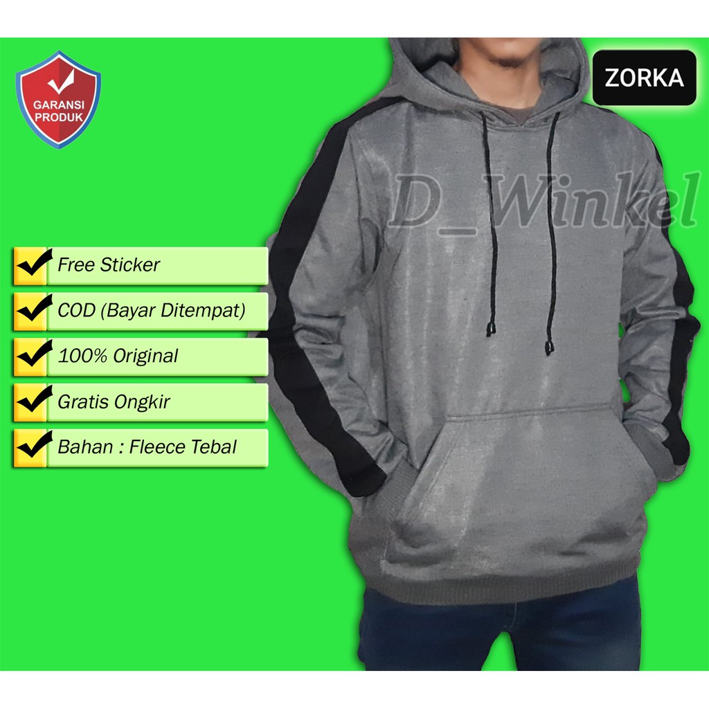 Sweater Polos Abu Tua List Hitam / Jaket Hoodie Pria List Putih Fleece Premium Tebal DISTRO ZORKA