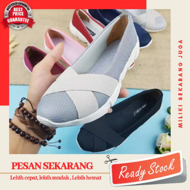 Sepatu flat shoes wanita/ sepatu wanita flatshoes bahan kanvas dan sol karet hitam maron abu navy