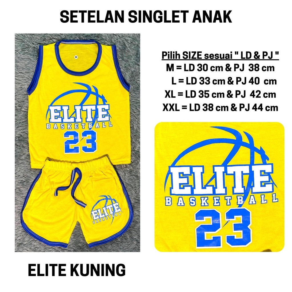 Setelan Anak Laki Laki Stelan Baju Kutung Lekbong Cowok Kaos Bola Basket Singlet Cowo Murah Celana Pendek Harian 3 4 5 6 Tahun Kode 14-14 ELITE KUNING