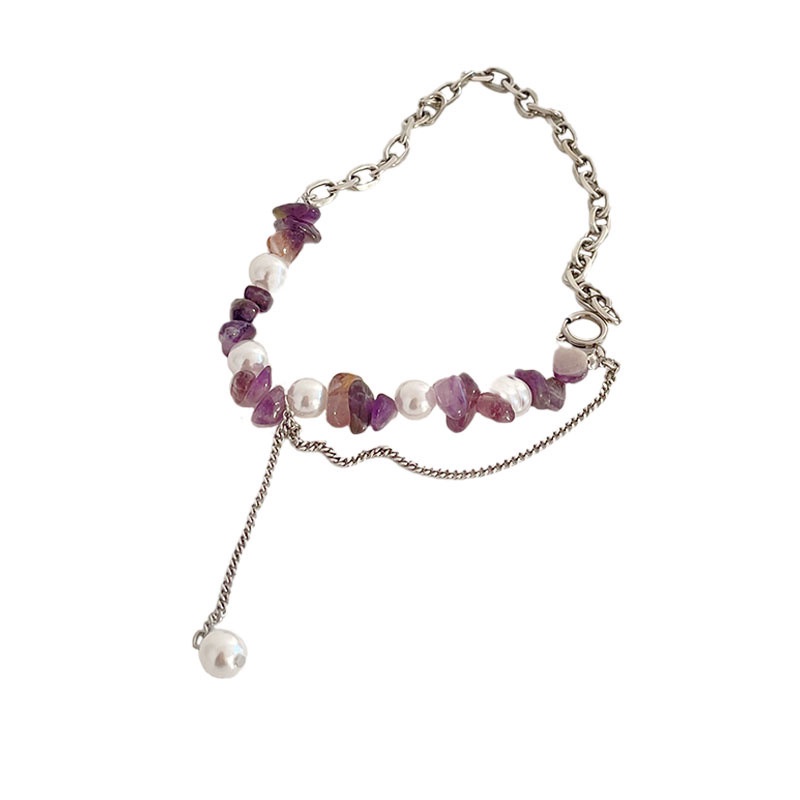 Irregular Purple Crystal Stone Necklace Accessories Titanium Steel Spliced Pearl Clavicle Chain Simple Personality