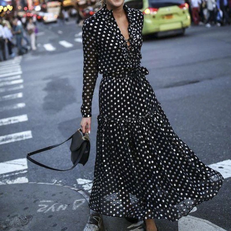PROMO Bohemian Style Women Dress Sexy Vintage Maxi Polka Dot V-Neck Wrap Dress Elegant Women