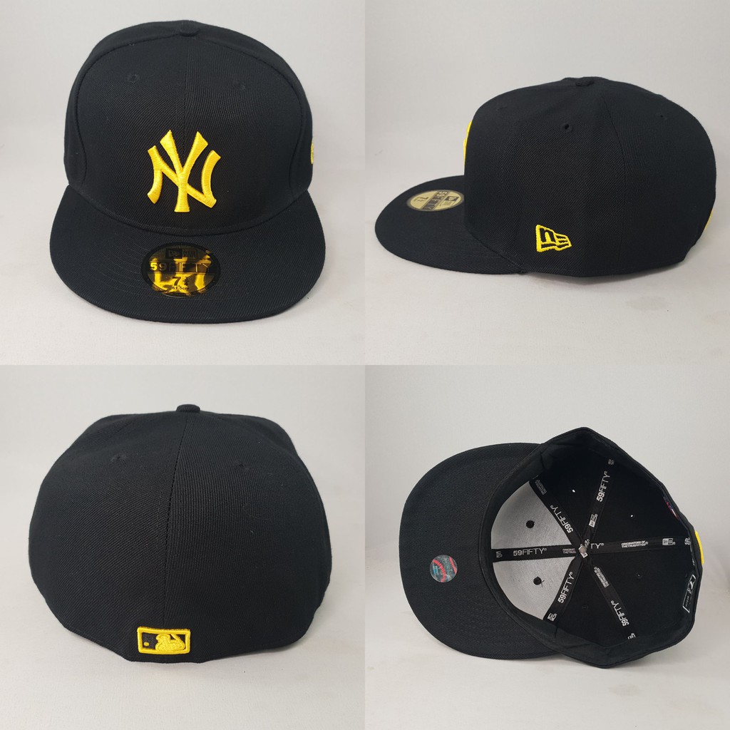 TOPI FITTED NY  HITAM LOGO KUNING