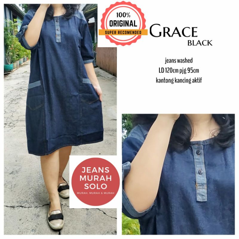 Grace Dress Import Jumbo Bahan Jeans Washed Ld 120 Pb 95 Kantong Kancing Aktif Original By angela / 