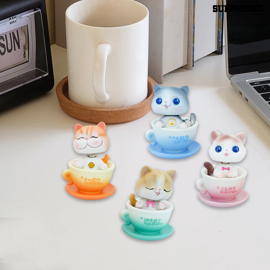 1 Set Ornamen Kepala Kucing Menggelengkan Cangkir Teh Elastis Bahan PVC Untuk Desktop Mobil APM 2.5 2.6