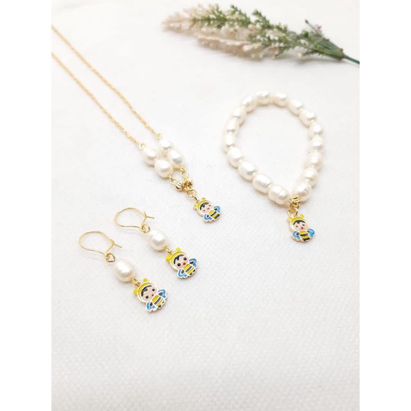BEESERTIFIKAT SET PERHIASAN ANAK MUTIARA LOMBOK ANTING KALUNG GELANG CINCIN FREE SIZE ANAK MUTIARA