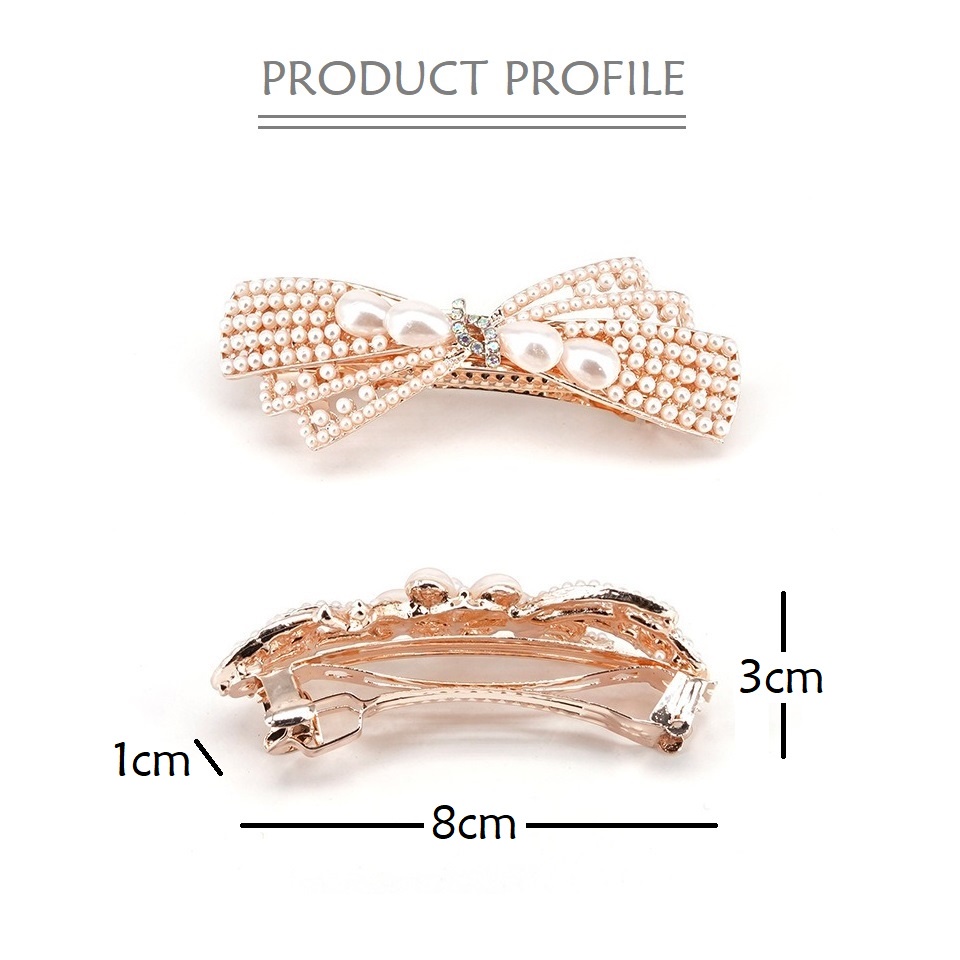 Jepit Rambut Otomatis 9cm Mutiara Warna Emas Jedai Besi Elegan Wanita Dewasa Gold Alloy Pearl Barrette Hair Clip