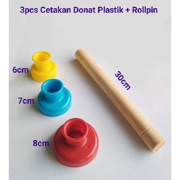 Cetakan Donat 3pcs Beda Ukuran + 1pcs Rolling Pin Kayu ( 1 Set )