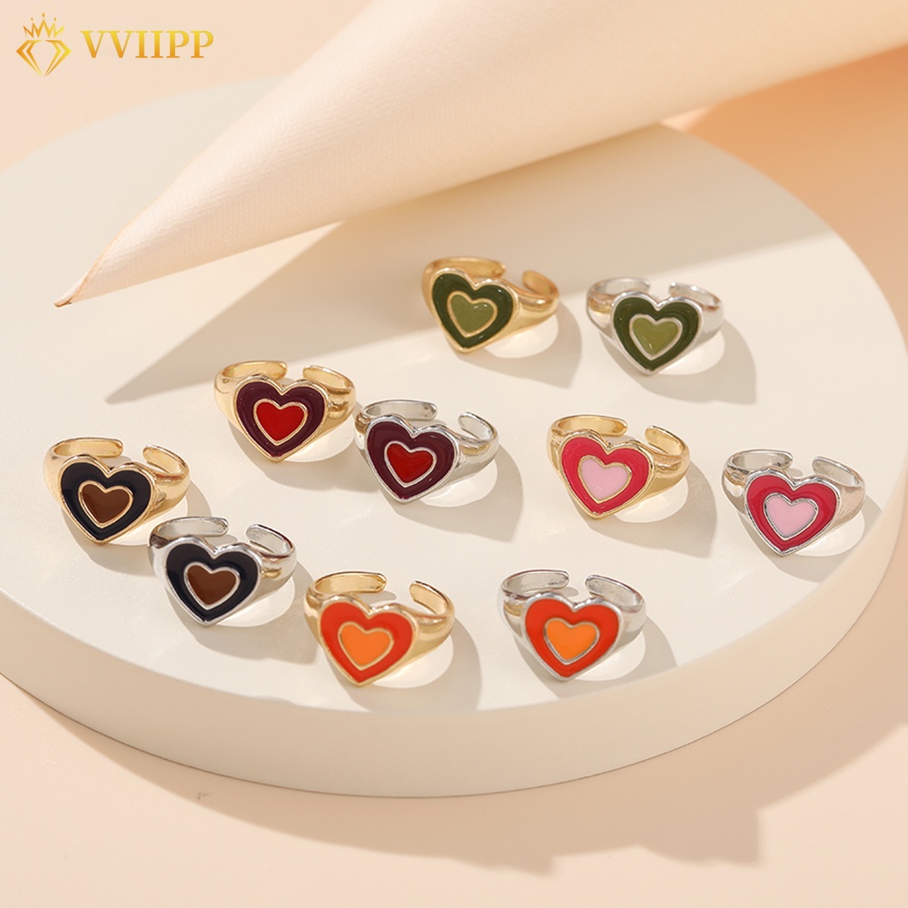 Retro Colorful Love Heart Rings Open Adjustable Finger Ring Women Jewelry Accessories