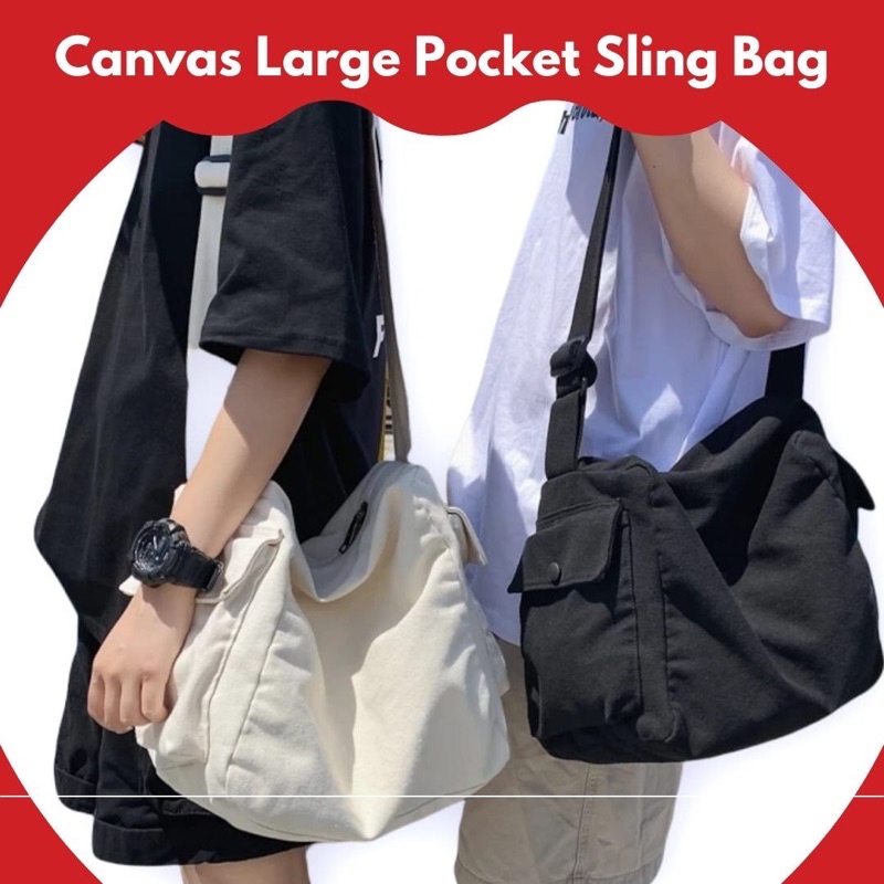 Big Sale Tg Extra Large Size Canvas Sling Bag With Pocket (Tas Selempang Kanvas Besar) Casual Pria