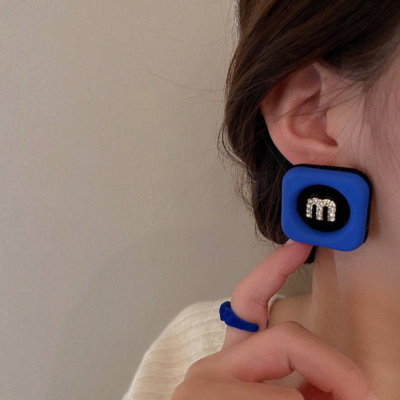 Anting Rantai Panjang Bentuk Bulat Hati Geometris Bahan Akrilik Warna Biru Gaya Vintage Untuk Wanita