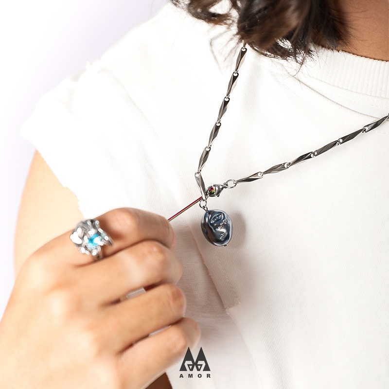 Kalung Liontin Mutiara Biru Bahan stainless steel Gaya hip-hop