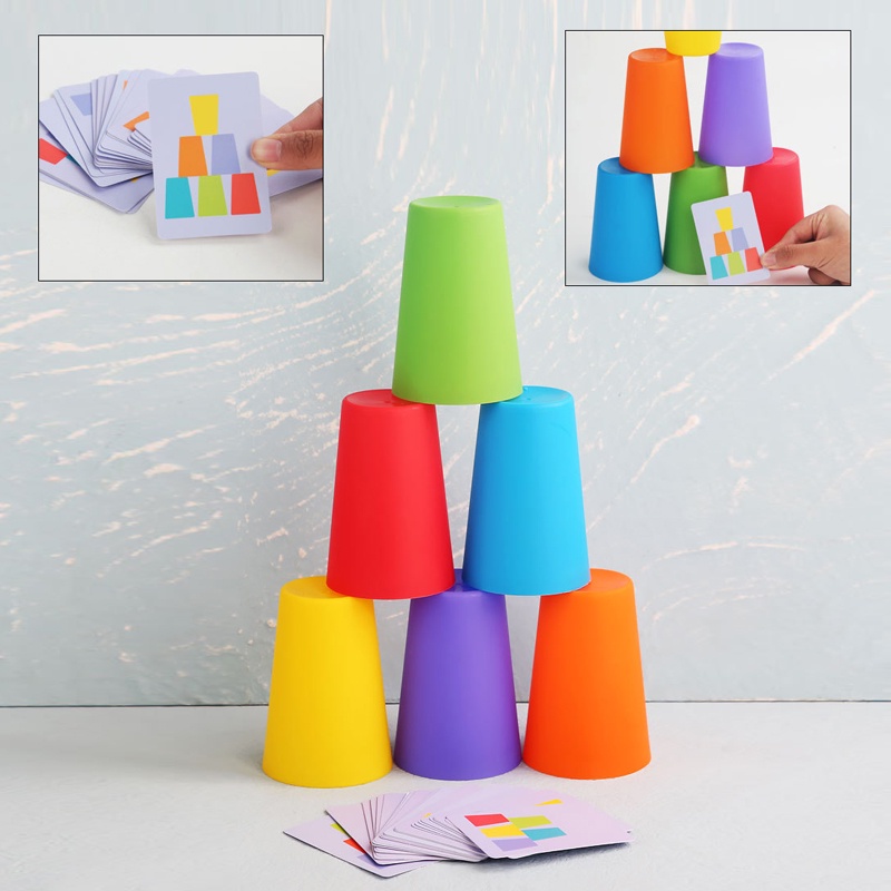 Mainan Edukasi Dini Anak Model Menara Susun Cup Warna Pelangi Balance