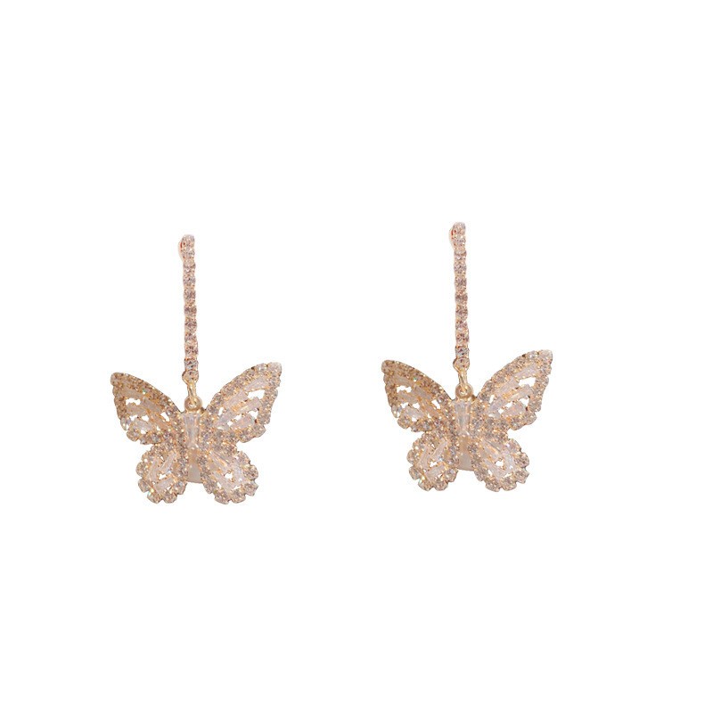 Fashion Luxury Gold Color Full Diamond Butterfly Pendant Earrings/ High-end Exquisite Geometric Alloy Eardrop