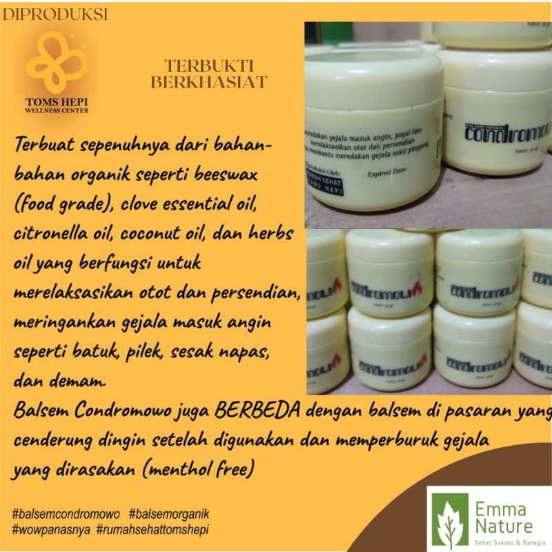 Balsem Herbal Organik Condromowo Kualitas Premium Mengatasi masuk angin, pegal linu, rematik dll