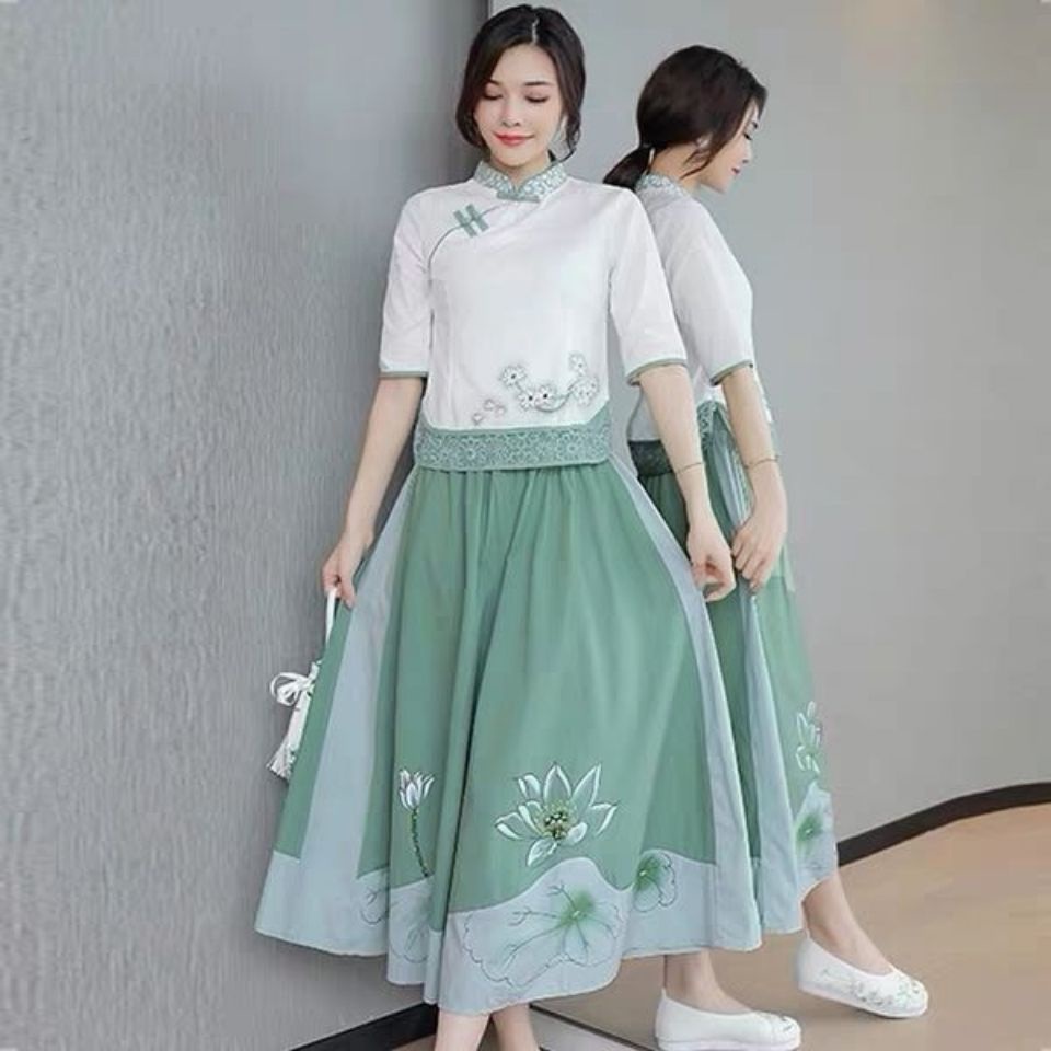 spring and summer cotton hemp cheongsam dress feminine Tang suit female Matcha gr