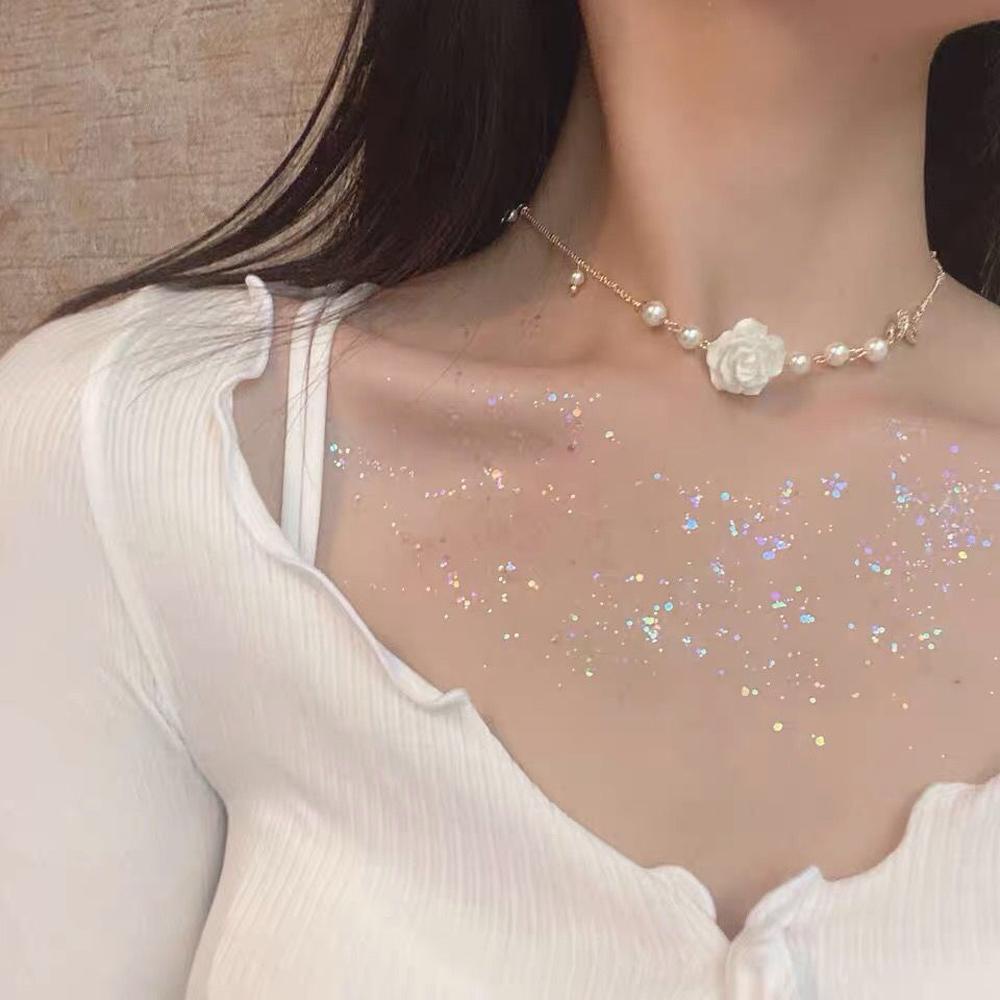 Needway Kalung Mutiara Fashion Perhiasan Gadis Wanita Geometris Temperamen Kristal Klavikula Rantai