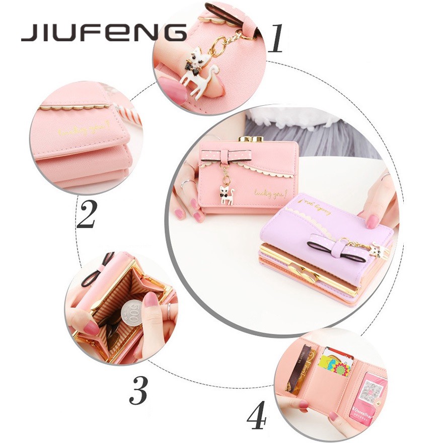 JIUFENG Dompet Wanita Korea Lucu Dompet Pendek untuk Wanita Mini Liontin Mahasiswa Dompet Kecil