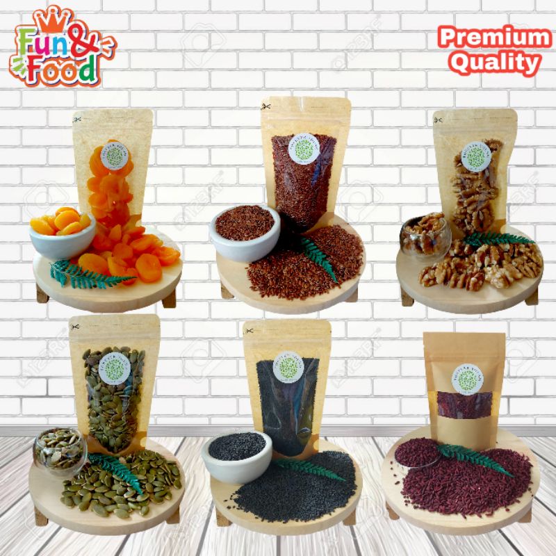 

Aneka Superfood Brown Flaxseed Aprikot Walnut Kacang Wijen Hitam Angkak Beras Fungus Kacang Hijau Sukade Kualitas Premium