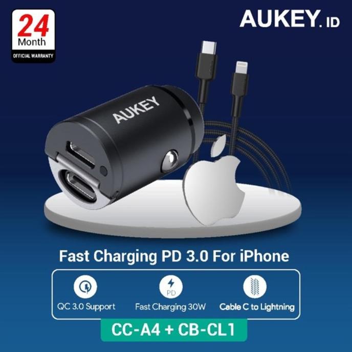 Charger Mobil/ Aukey Car Charger CC-A4 + Kabel Aukey CB-CL1 | CHARGER MOBIL
