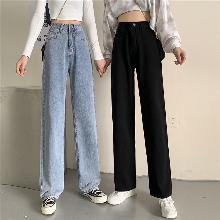 ✅COD JEANS HIGHWAIST PANTS  DENIM BLACK/BLUE/APRICOT LOOSE KOREA