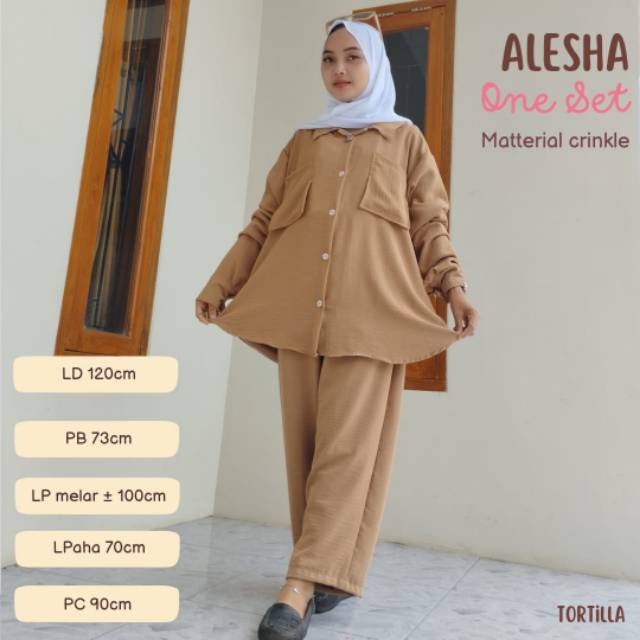 Alesha Oneset bahan rayon crinkle Airflow Ld120cm setelan dewasa tangan panjang celana panjang polos