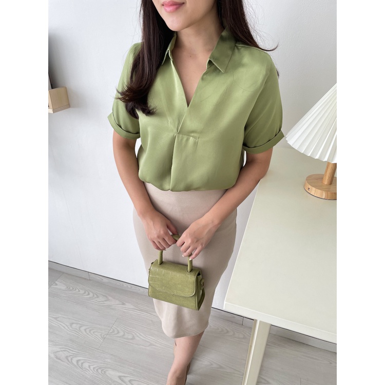 T-0456 Blouse Satin Premium Tangan Pendek Kerah Top Atasan Wanita