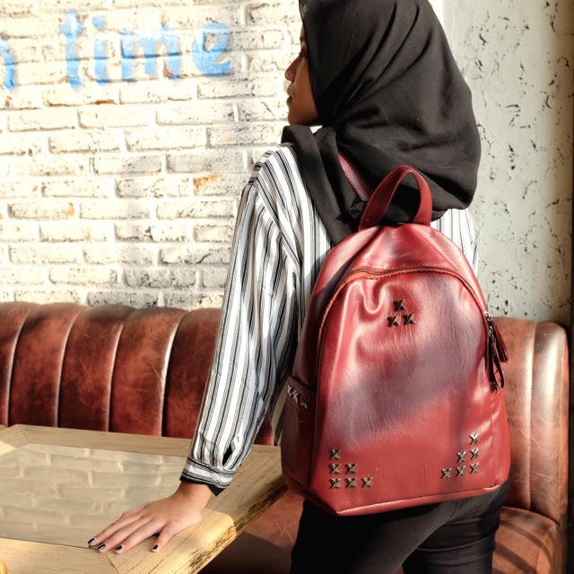 Mores Shop Tas Ransel Wanita Import Merah Lindsay Fashion Stud Backpack Pu Kulit Simpel