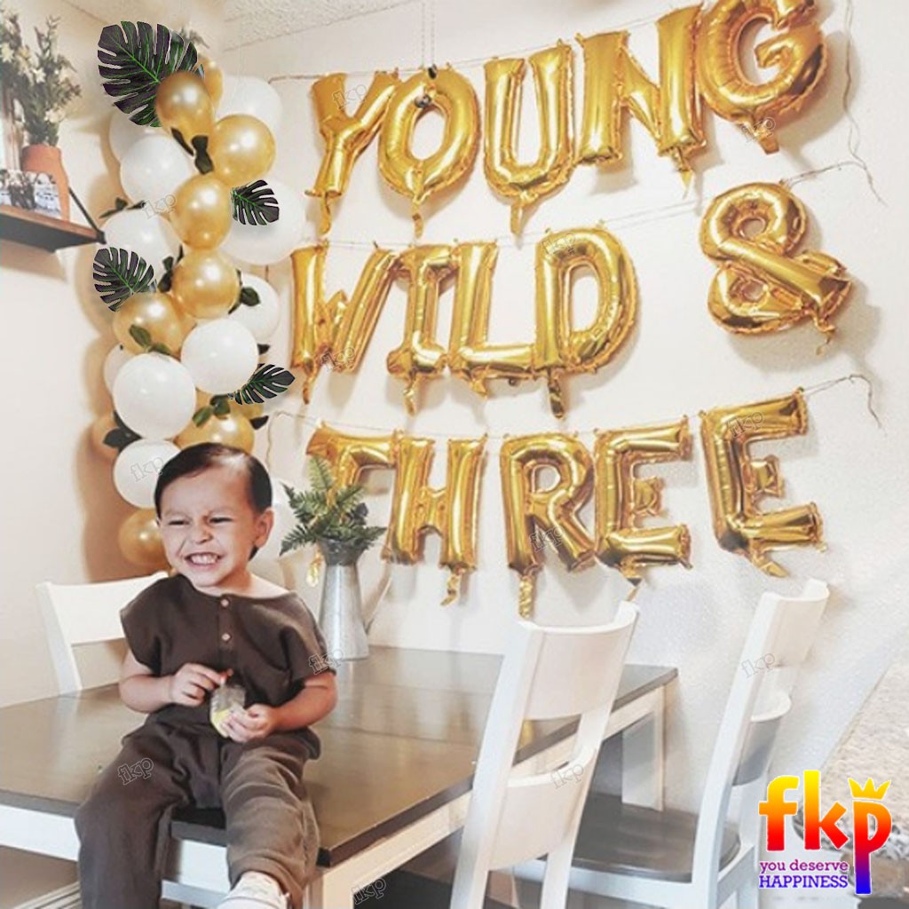 FUN KIDS PARTY Paket Young Wild & Three/ Dekorasi Balon Ulang Tahun Anak 3 Thn/ Jungle Daun Monstera