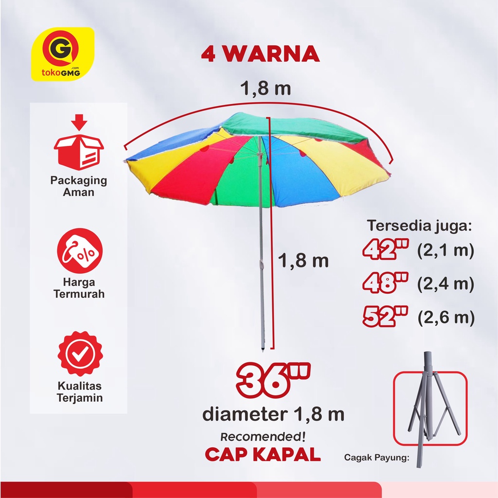 Payung jualan kokoh - 4 warna - pelangi - kain tebal - payung besar - payung tenda - payung lebar