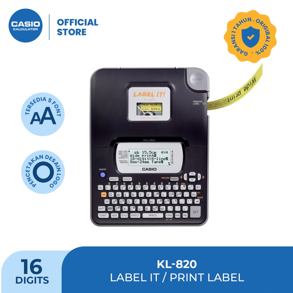 

CASIO KL-820 - Cetak Label tulisan, simbol, angka - Label ukuran 6,9,12,18,24mm