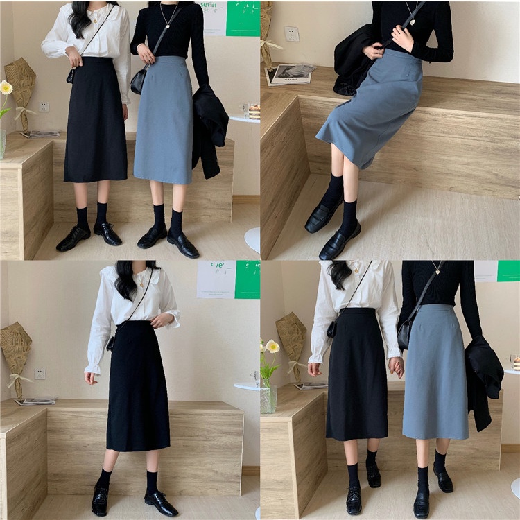 COD New 2022 Fashion Korea Women Black Blue Casual Work Midi Skirts