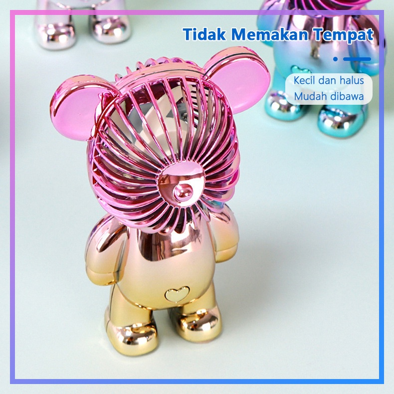 ALOBON Kipas Angin Mini Portable Karakter Bearbrick Meja USB Cas 3 Pengaturan Kecepatan Bentuk Beruang Alas Anti Selip Bagian Bawah