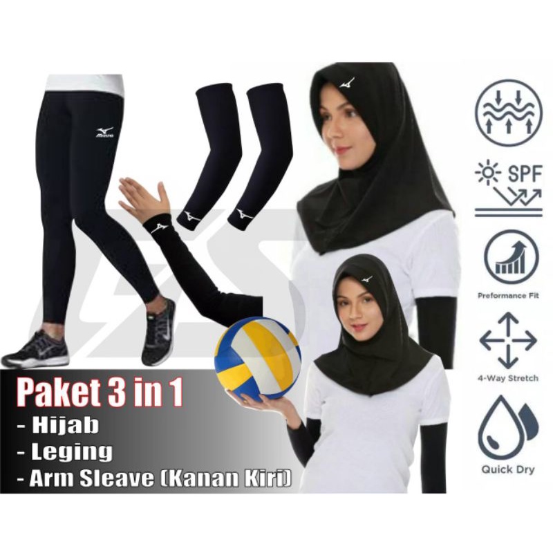 PAKET LENGKAP jilbab voli kerudung senam hijab voli legging voli hand sleeve celana voli cewek hijab