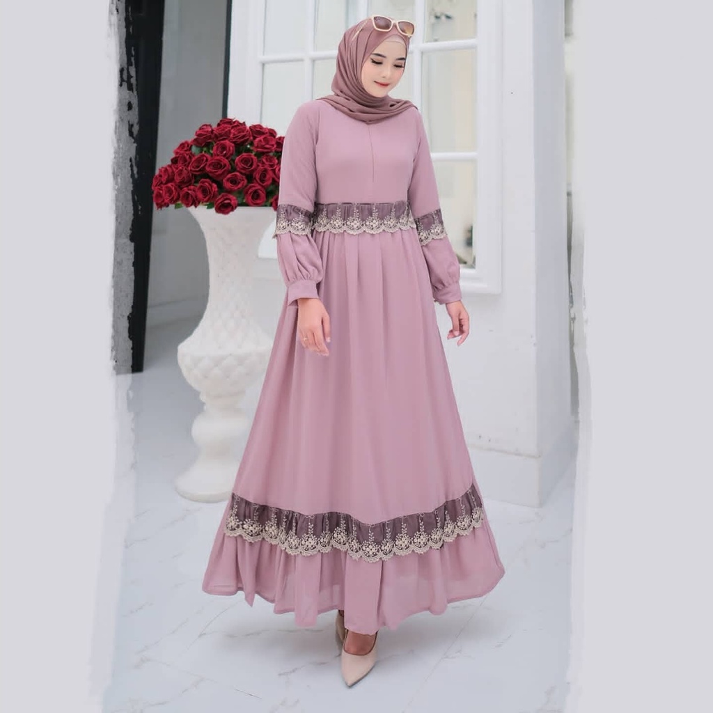 Sonia Dress Gamis Wanita Terbaru 2022 Kekinian Original Mewah Busui Jumbo Bahan Ceruty Baby Doll Aksen Renda Premium Import Full Furing Fit to XL Terbaru / Baju Kondangan Pesta Wanita Muslim Remaja Dewasa Polos Simple Kekinian / Maxy Dress Korean Style