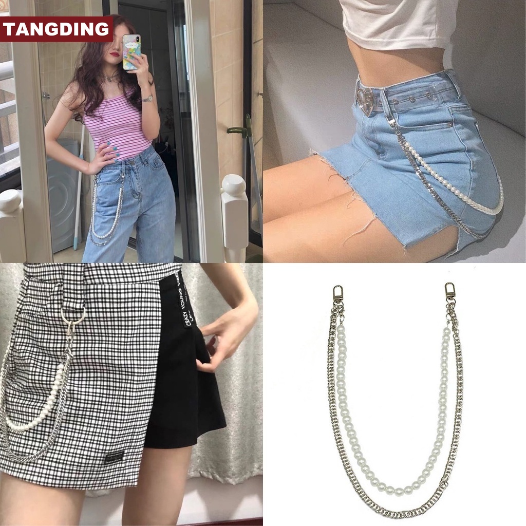 【COD Tangding】Punk Style Chain Pearl Double Trouser Chain Belt Multifunctional Fashion Versatile Student Skirt Chain