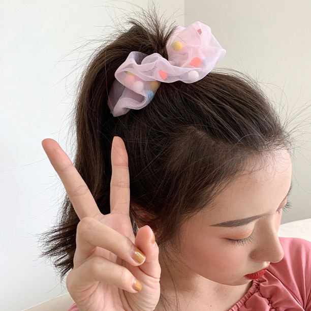 OVERFLOWS.ID ✿ Scrunchie Ikat Rambut Cepol Korea Lucu Model Pom Pom Kekinian