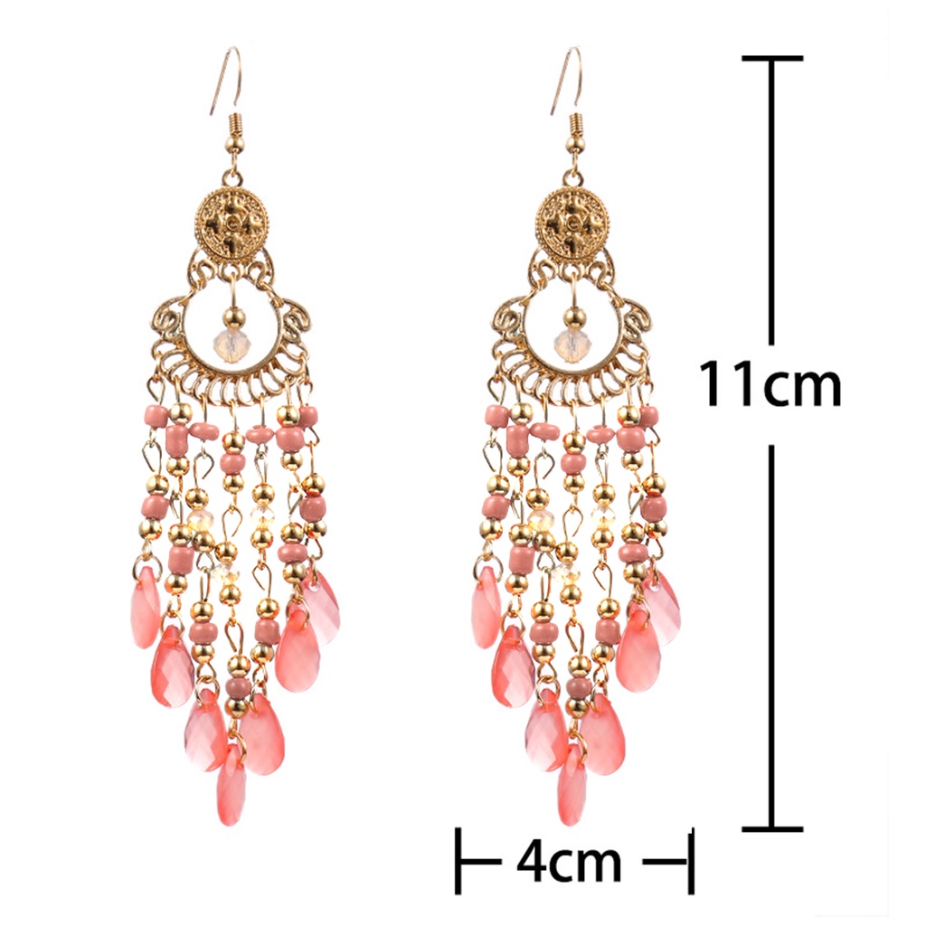 Hu Hu Hu Hu Hu Alat Bantu Pasang Kacamata♡ 1 Pasang Anting Kait Gantung Desain Hollow Hias Manik-Manik + Rumbai Gaya Bohemian Untuk Wanita