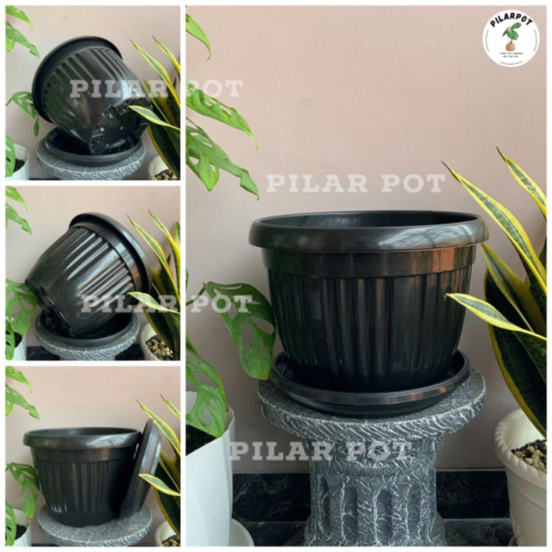 pot bunga tanaman plastik hitam GRACE 30 KUPING + tatakan bawah