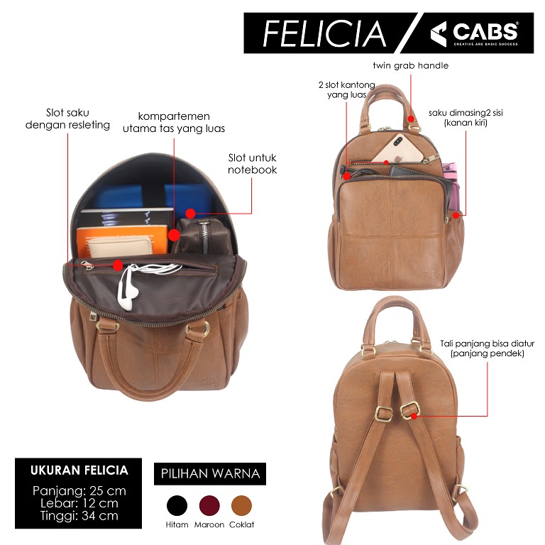 Cabs - Tas Ransel ( Felicia ) Serbaguna Wanita Tahan Air Muat Netbook 12 Inch