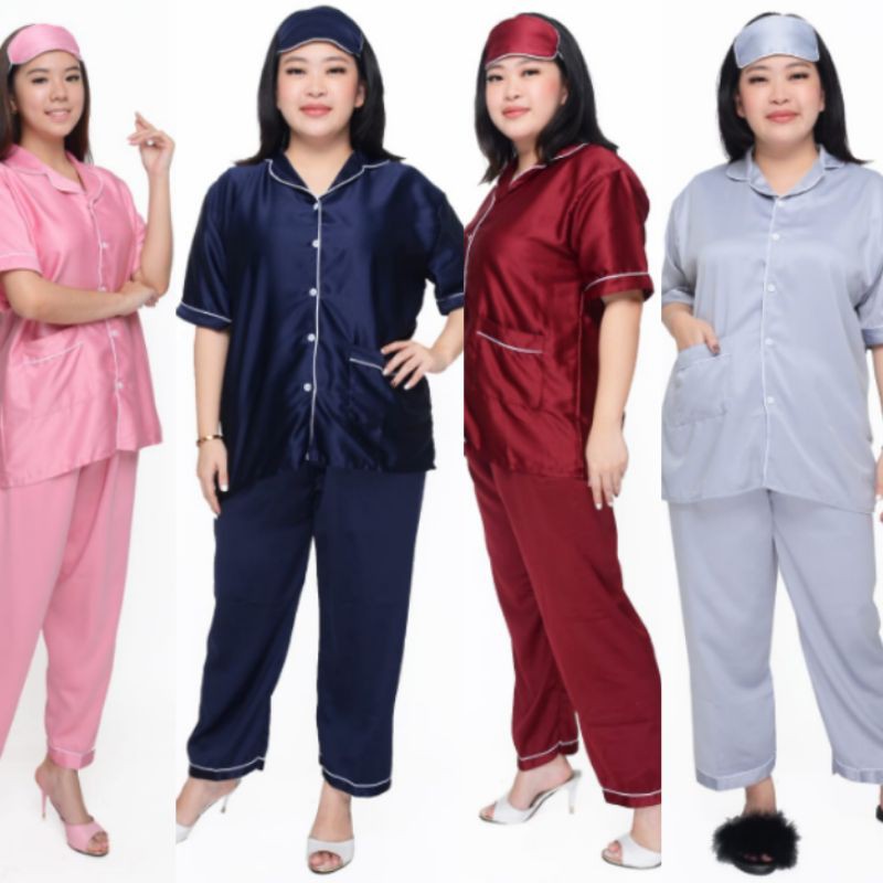 piyama bigsize CPJ 3L saten silk lengan pendek celana panjang ld120 setelan baju tidur